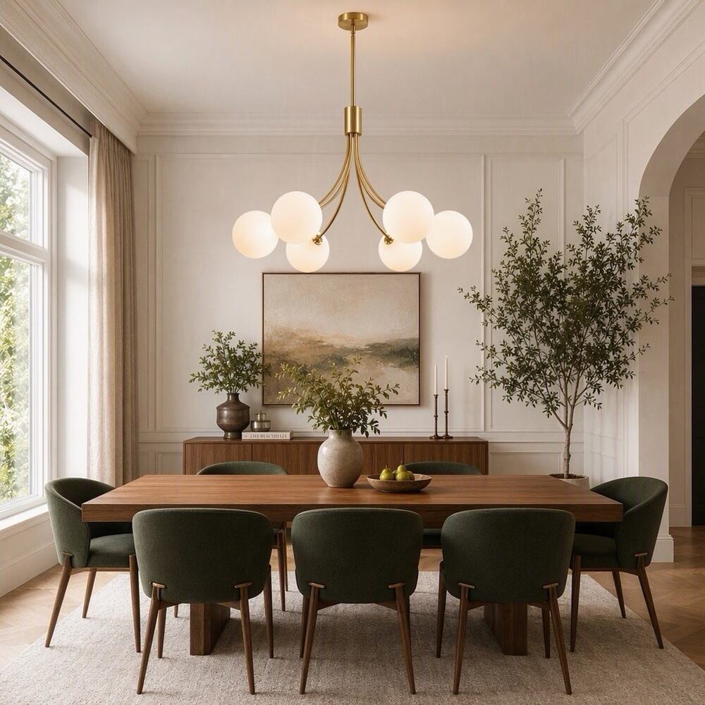 NEW West Elm XL 6-Light Gold & White Globe Boho Chandelier Hanging Light Fixture